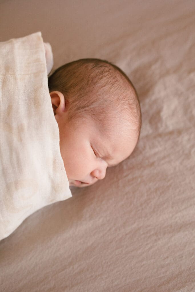 A close up of a sleeping newborn , peaceful eyes scrunched and little ears peeking out from the muslin blanket