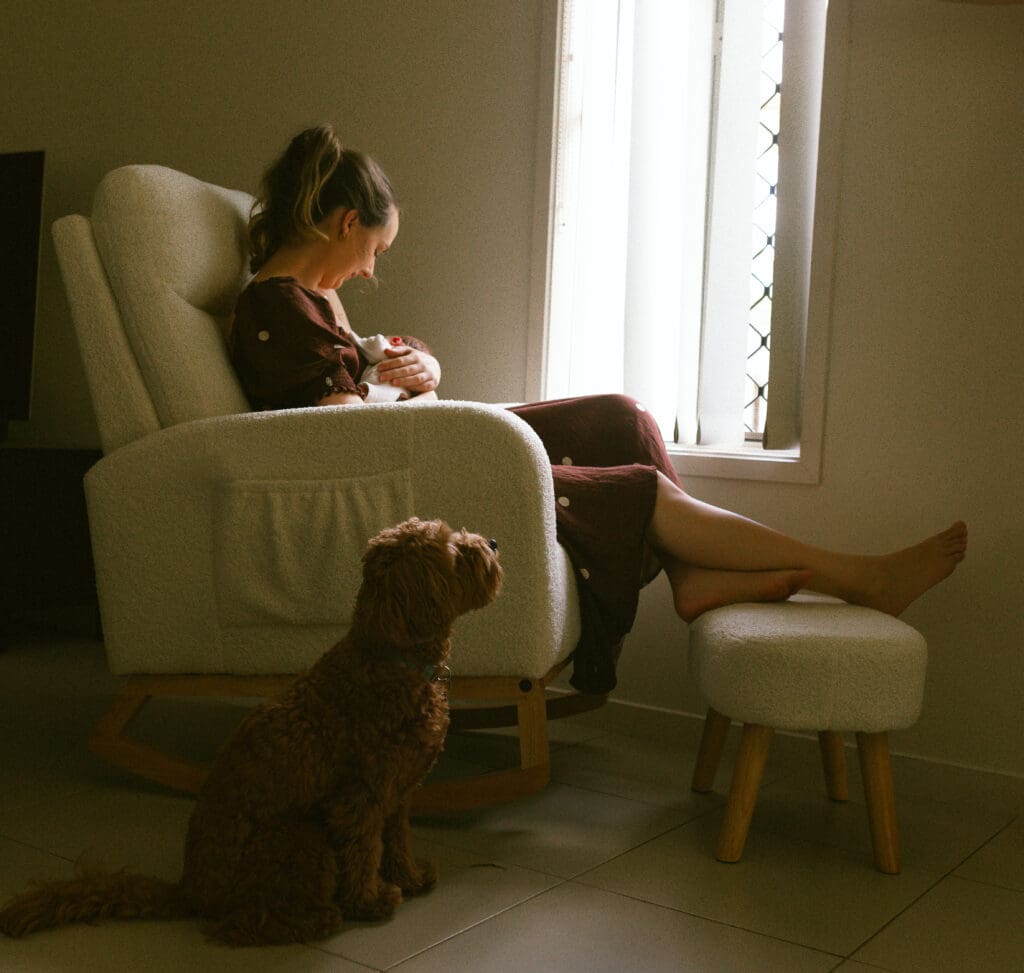 A mum feeds her newborn in a chair by the light while her dog looks on
